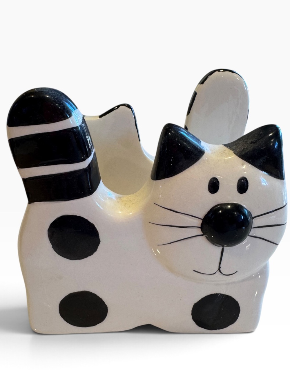 Whimsical Black & White Ceramic Cat Napkin Holder Spotted Kitty Kitchen Decor